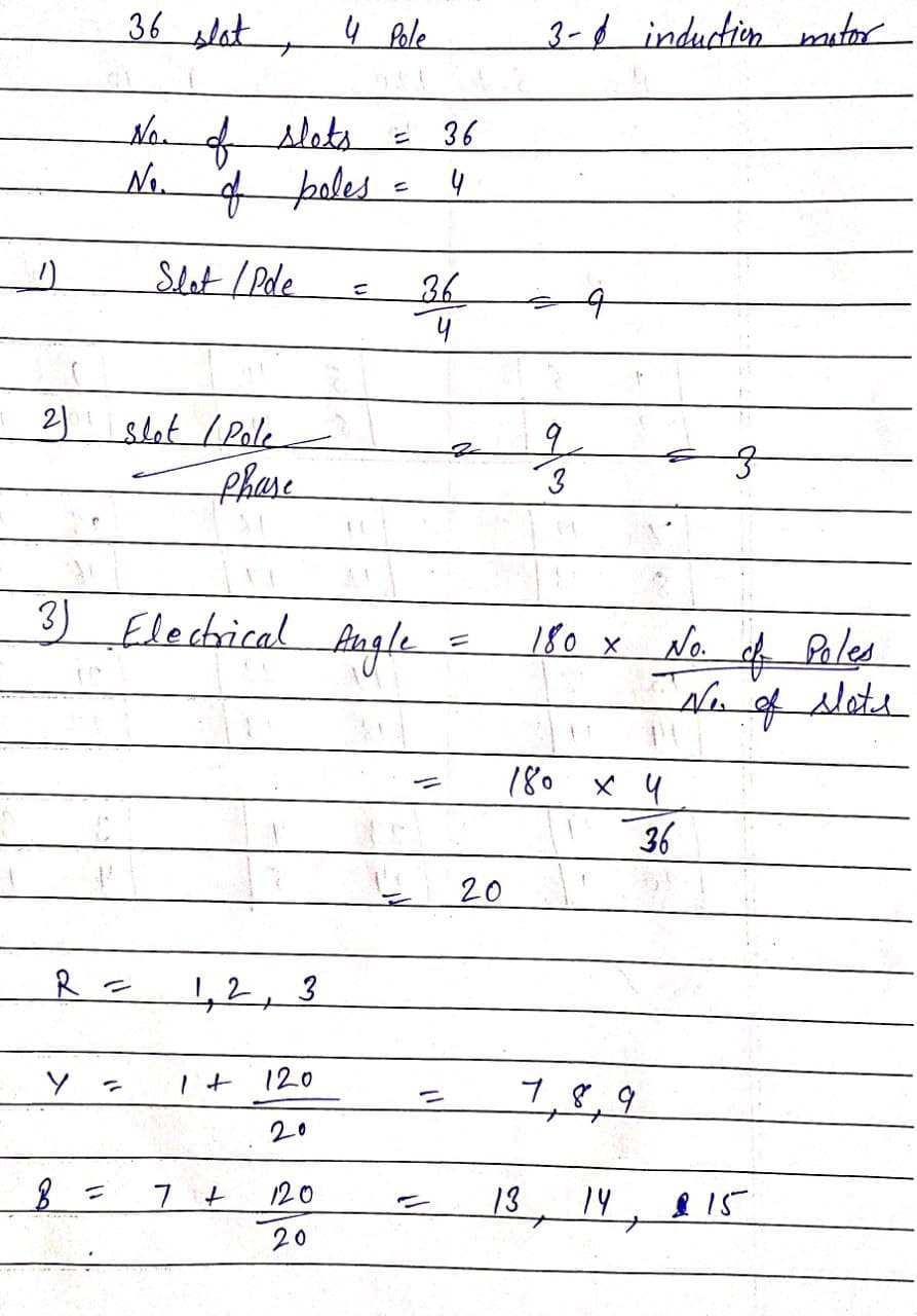 Design of Armature Winding for 36 Stator slots, 3-phase, 50Hz , 4 poles Induction Motor 